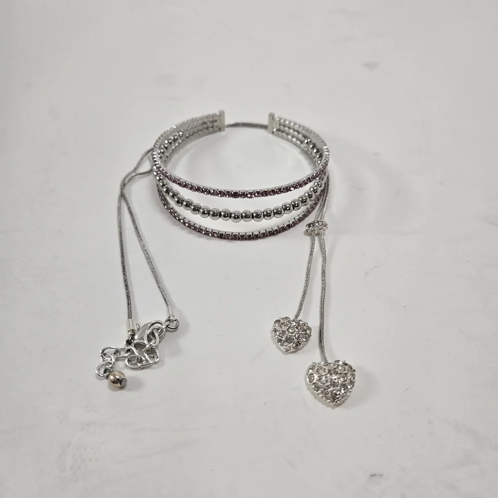 Silvertone Necklace Rhinestone Hearts with Pink and White Rhinestone Bracelet